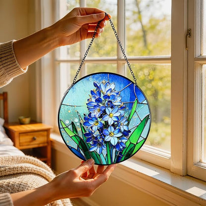 Stained Glass Window Hanging, Hyacinth Suncatcher 7.8 in Sun Catcher Glass Panel Boho Wall Art Decor with Chain Diamond Glass Panel Hangings Scenery Sun Catchers Decor for Lover Couple Mom