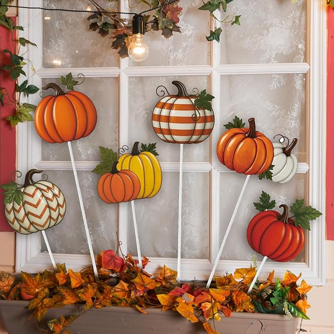 Shimeyao 6 Pcs Metal Thanksgiving Fall Pumpkin Garden Stakes Harvest Metal Garden Signs 12 Inch Pumpkin Autumn Yard Stakes Outdoor Decor for Home Lawn Porch Holiday Front Backyard