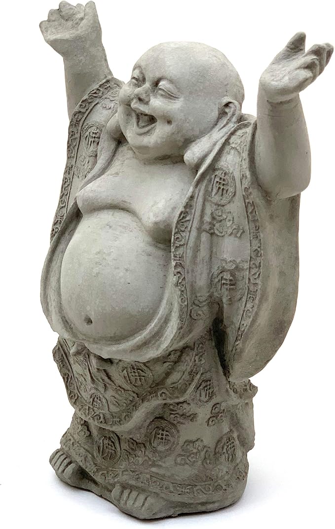Super Happy Buddha Statue: Solid Durable Stone Statue w/Distressed Texture. Perfect Home Design & Sealed for Outdoor Use. Handcrafted USA. (Antique/Gray)
