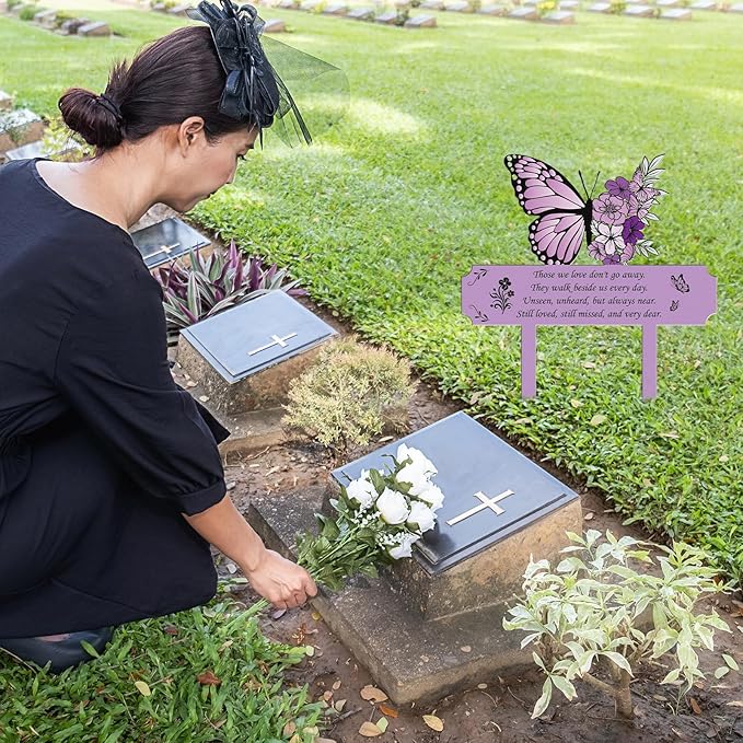 Rngmsi Grave Decorations for Cemetery Memorial, Metal Memorial Garden Stakes for Loss of Mother Father Loved Ones, Purple Plaques Markers for Cemetery Humans Outdoor Yard