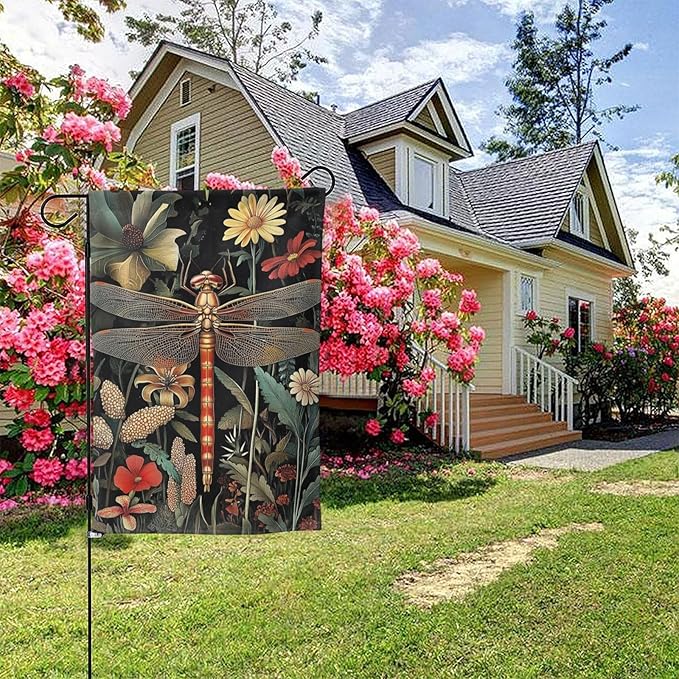 Vintage Dragonfly Floral Garden Flags 12×18 Inch Double Sided Decorative Yard Banner Seasonal Flag for Outdoor Outside Decor