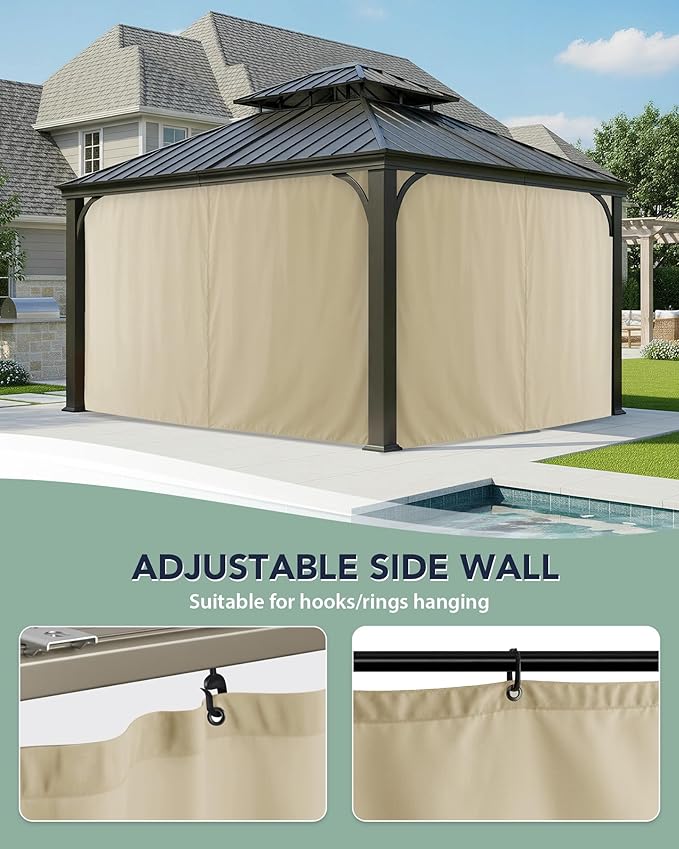 Outdoor Curtains Patio Waterproof - 10'Wx10'Lx7.9'H Gazebo Universal Replacement Privacy Curtains, 4 Panels Outside Sidewall Drapes with Zipper for Pergola Garden Backyard, Cream