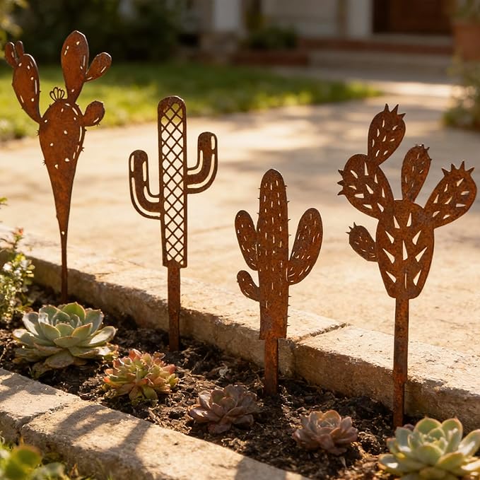 INSYOHO 4Pcs Metal Cactus Outdoor Decor, Prickly Pear Garden Sculptures & Yard Art Statues, Heavy Duty Metal Plants for Patio, Lawn, Backyard & Boho Bohemian Party Decorations
