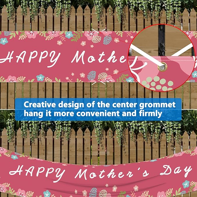Probsin Large Happy Mother's Day Banner Decorations 120x20 Inch Mothers Day Yard Sign Holiday Hanging Outdoor Decor Pink Flowers Party Supplies for Indoor Outdoor Garden Fence Balcony Lawn Home Decor