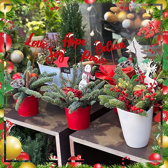 Roowest 5 Pack 12'' H Metal Christmas Yard Stakes Outdoor Decorations Joy Peace Love Believe Hope Garden Signs Christmas Potted Plant Stakes for Holiday Winter Home Lawn Garden Porch Party Decor