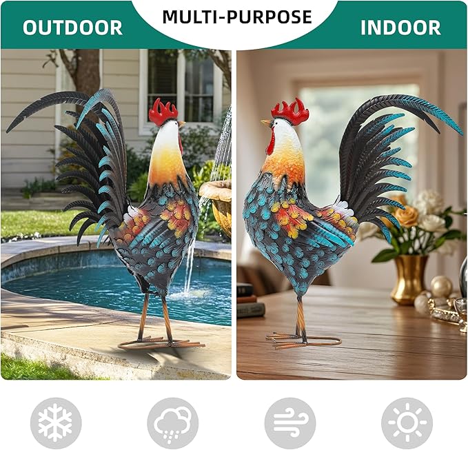 32" Large Metal Rooster Yard Decor, Outdoor Garden Statues, Metal Chicken Sculpture for Backyard Patio Kitchen Living Room Decor