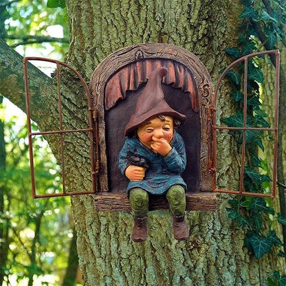 YWHWXB Elf Out The Door Tree Hugger,Garden Gnome Fairy Statue,Funny Garden Tree Decoration,Hanging Hand-Painted Sculpted Tree Faces Decor for Patio Yard Lawn Porch Decoration