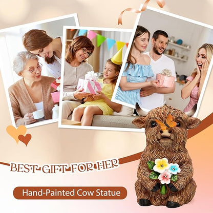 Solar Highland Cow Outdoor Statue, Garden Sculpture with Lighted Butterfly & Flowers Decor, Highland Cow Figurine for Patio Yard Lawn Ornaments for Birthday