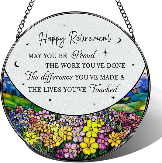 8” Stained Glass Suncatcher Ornament – Floral Retirement Window Hanging Decorations, Retirement Gifts & Retired Gifts for Women, Men, Friends, Coworkers, Teachers - Style I