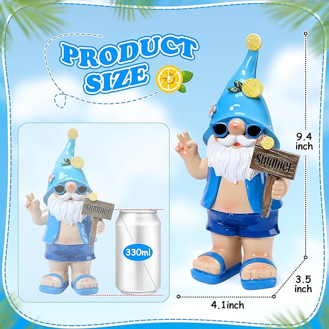 Outdoor Summer Gnomes Statue Beach Gnome Garden Decor for Outside, Beach, Yard, Lawn Ocean Sea Theme Home Decorations for Table, Shelf, Blue Gnome Figurine Funny Elf Gifts for Women