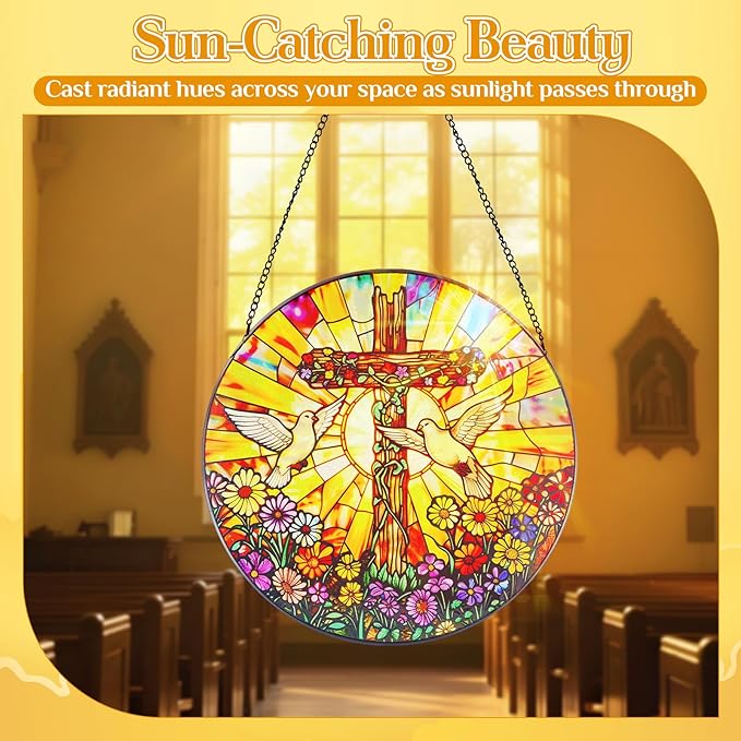 Stained Glass Hanging Doves and Cross Suncatcher, Renyalora 10 Inch Round Real Glass Christian Window Panel with Colorful Flowers Sun Catcher Window Hanging Decor for Home Windows Garden Church Decor