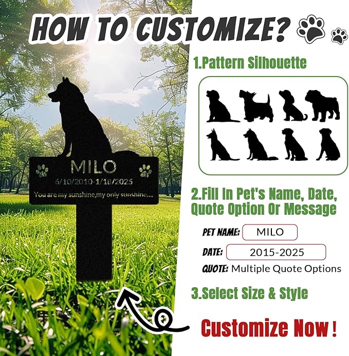 Custom Dog Grave Markers Outdoor with Pet Breed Icons, Personalized Metal Waterproof Rustproof Pet Grave Markers, Dogs Headstone for Garden Yard, Sympathy Gift for Loss of Dog (Style 3)
