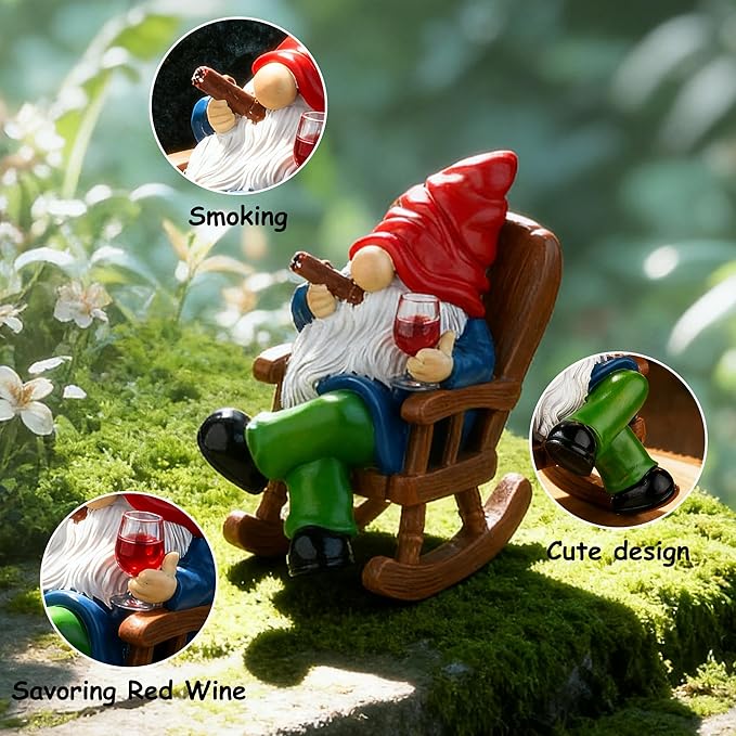 Toncoke Garden Gnomes for Outdoor, 7 Inch Gnomes Decorations for Yard, Gnome Garden Decor for Home Patio Lawn, Gnomes Gifts for Women Spring Summer Christmas Halloween (Rocking Chair & Wine Glass)
