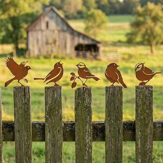 Rusty Metal Birds Garden Wrens Decor Set of 5 - Vintage Yard Art for Fence & Outdoor Rustic Bird Statues, Life-Size Wren Silhouettes, Weather-Resistant Metal Birds for Garden, Patio, and Home Decor