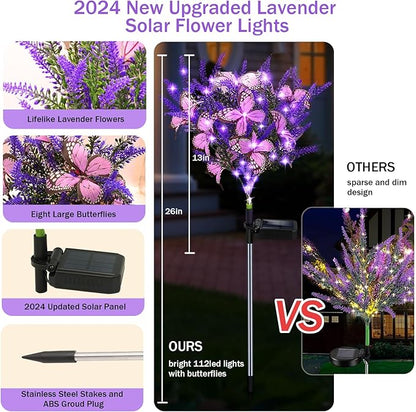 Solar Garden Lights Outdoor, 4 Pack Purple Lavender Solar Butterfly Lights Gardening Gifts for Women,Artificial Flowers Light Purple Halloween Garden Decor for Patio Yard Lawn Christmas