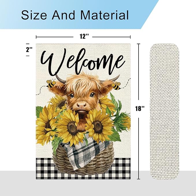 DLZDN Welcome Summer Garden Flag Sunflower Highland Cow Garden Flag 12×18 Inch Double Sided Buffalo Plaid Farmhouse Yard Flag Spring Summer Seasonal Outdoor Decor