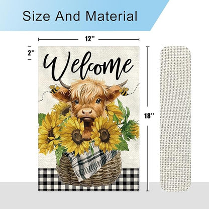 DLZDN Welcome Summer Garden Flag Sunflower Highland Cow Garden Flag 12×18 Inch Double Sided Buffalo Plaid Farmhouse Yard Flag Spring Summer Seasonal Outdoor Decor