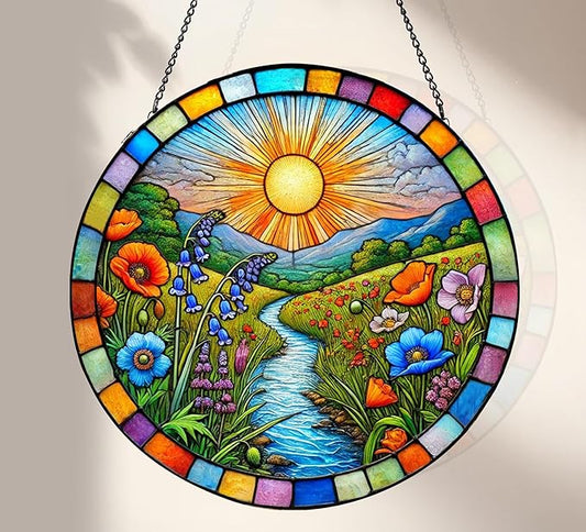 Stained Glass Window Hanging, Scenery Sun Catchers Stained Glass Panels for Indoor Windows Wall Art Decor, Birthday Gift for Mom Women Wife Men Lovers (7.87inch)