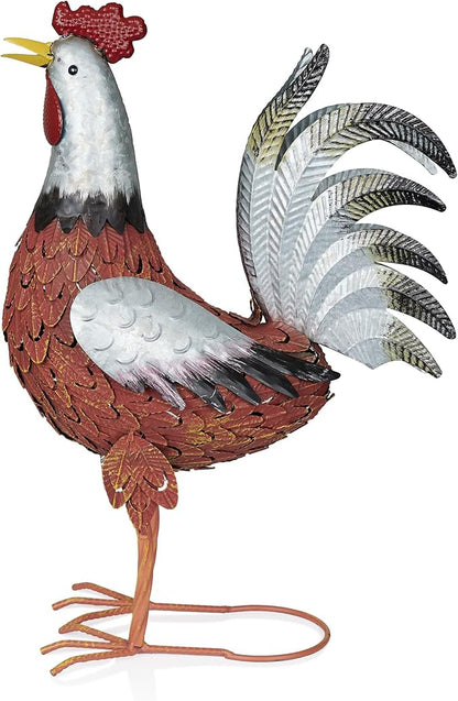 Alpine Corporation JUM388 Metal Outdoor Rooster Decor Statue, Animal Décor for Patio, Lawn & Garden, 20"H, Silver and Rust