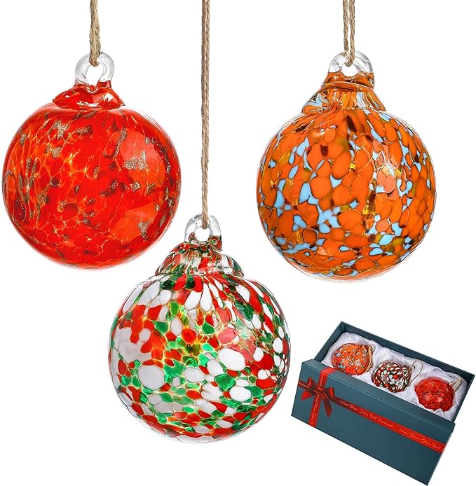 Set of 3 Hand Blown Glass Ball Ornament 2.3in Hanging Glass Gazing Balls Decor for Garden Patio