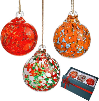Set of 3 Hand Blown Glass Ball Ornament 2.3in Hanging Glass Gazing Balls Decor for Garden Patio