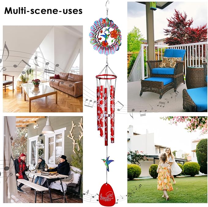 33-inch Memorial Wind Chimes, Sympathy Gift | Deep Tone Hummingbird Wind Chime, Rustproof Windchimes Decor for Garden/Patio/Yard, Indoor & Outdoor Use