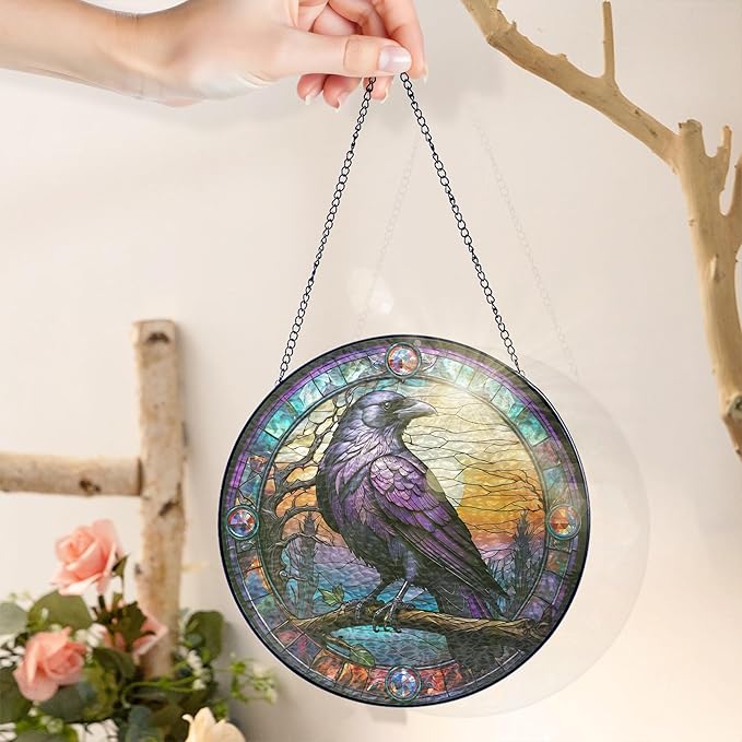 FLAGWIX Black Raven Decor - Crow Stained Glass Window Hanging 10 in - Black Crow Sun Catchers Indoor Window for Gothic Home Decor, The Raven Gifts for Women Friends Family