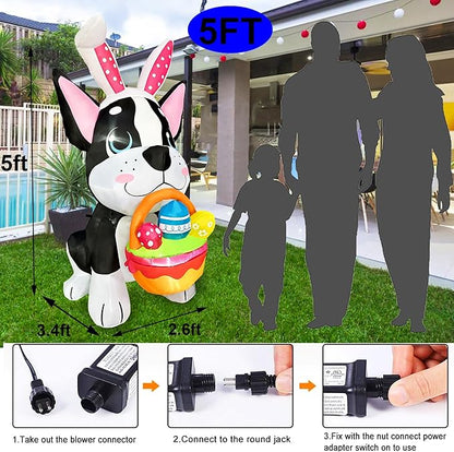 5 FT Easter Inflatables Dog Outdoor Decoration, LED Blow Up Yard Cute Dog with Easter Eggs for Party Spring Garden Drawing Room Indoor Decorations