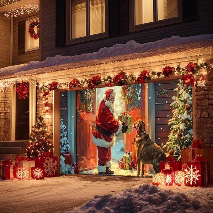 HOMETITUTE Christmas 13x6ft Garage Door Banner Santa Claus Dog Gift Scene Winter Night Holiday Porch Backdrop Indoor Outdoor Wall Background Decor Festive Family Celebration Display Party
