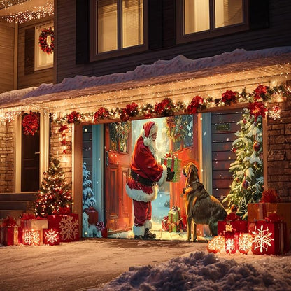 HOMETITUTE Christmas 13x6ft Garage Door Banner Santa Claus Dog Gift Scene Winter Night Holiday Porch Backdrop Indoor Outdoor Wall Background Decor Festive Family Celebration Display Party