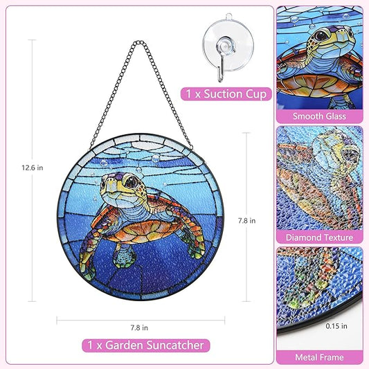 Stained Glass Window Hanging, Big Eyed Turtle Circular Painted Glass Suncatcher with Chain & Suction Cup for Home Garden Door Decor, Birthday for Women Men Mom 7.8 in