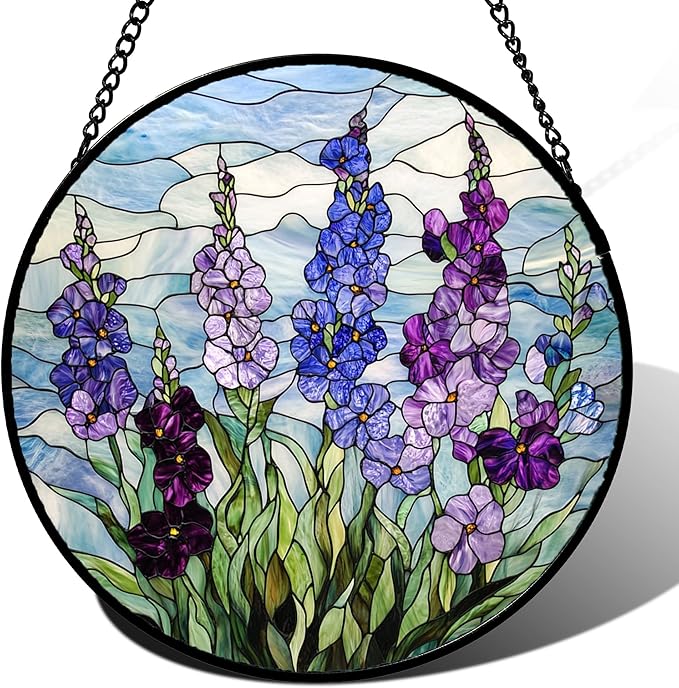 Stained Glass Window Hanging - Blue Purple Delphinium Suncatcher for Door Garden Home Decor Birth Flower Sun Catcher Birthday for Friend Lovers Women Mom Nana 7.8 in