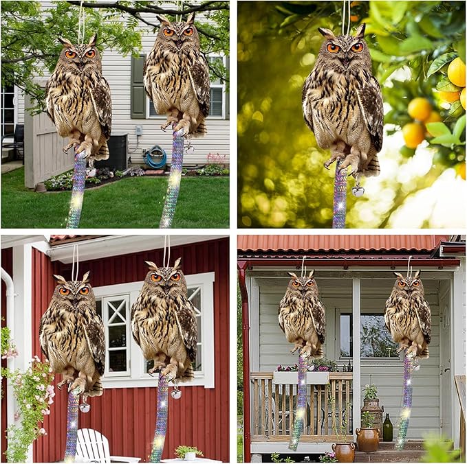 Hanging Plastic Owls for Gardens, 2PCS Reflective Hanging Owl Decoration Woodpecker Control Device with Reflective Tape, Jinging Bell for Garden Patio Windows