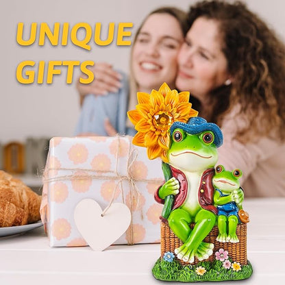 Outdoor Frog Garden Decor: 9'' Yard Decoration with Sunflower Light Funny Solar Frog Gifts for Women Mother's Day Housewarming Gift