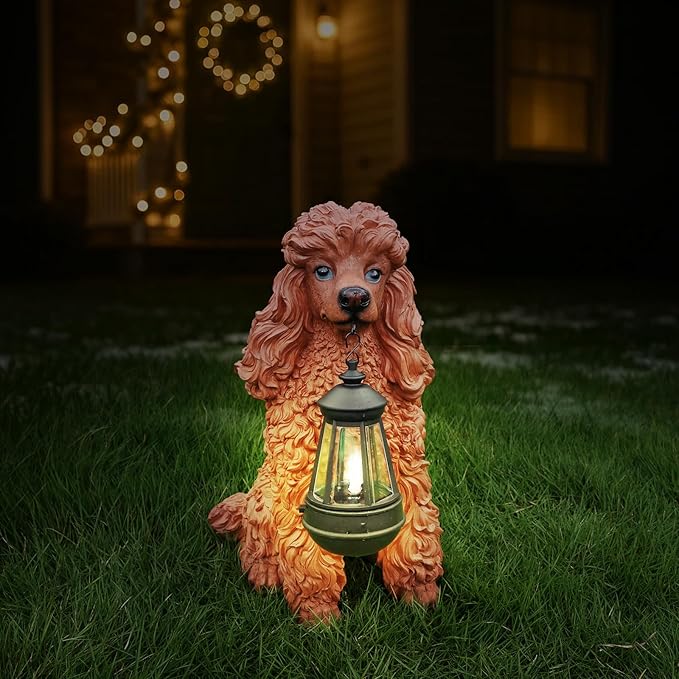 Poodle Dog Garden Statue with Solar Lantern & Double-Sided Welcome Sign, 14.4" Tall Outdoor Pet Sculpture Decor for Front Porch, Patio, Yard and Lawn, Dog Lover Gifts (Brown)