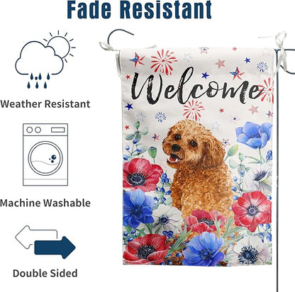 4th of July Golden Doodle Garden Flag Red White Blue Floral Dog Yard Flags Small Memorial Independence Day Banner 12x18 Double Sided for Outside Outdoor Patriotic Decor