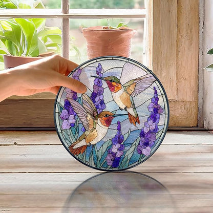 Hummingbird Stained Glass Window Hanging, Hummingbirds Suncatchers Gift for Mom Grandma, Flowers Birds Sun Catchers Indoor Window Round Glass Wall Art Hanging Decorations, 7.9x7.9in