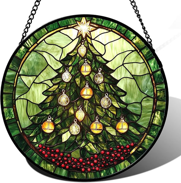 DASTOLL Stained Glass Window Hanging - Green Christmas Tree Golden Bells Suncatcher for Doors Home Christmas Decoration Sun Catcher Thanksgiving New Year Birthday Gift for Women Men Mom Nana 7.8 in