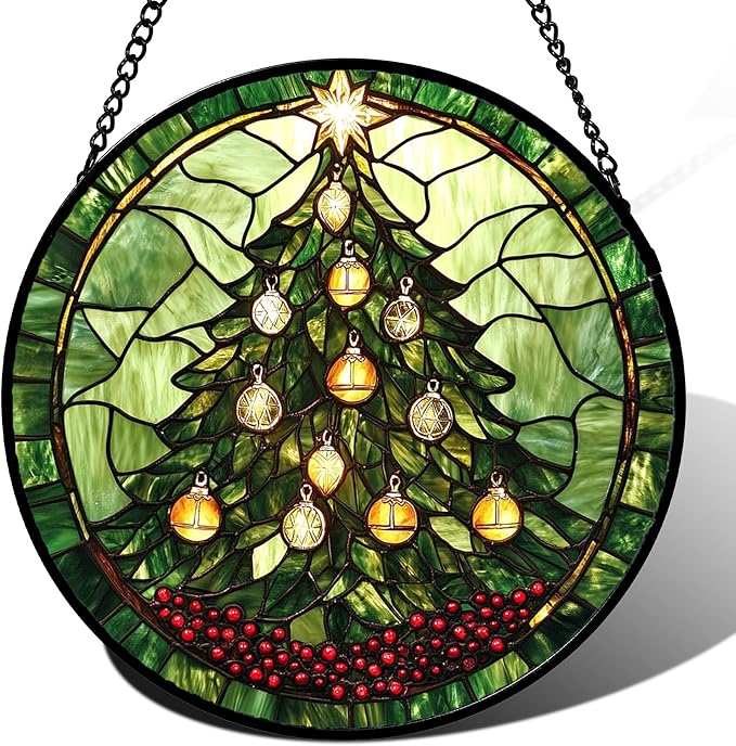 DASTOLL Stained Glass Window Hanging - Green Christmas Tree Golden Bells Suncatcher for Doors Home Christmas Decoration Sun Catcher Thanksgiving New Year Birthday Gift for Women Men Mom Nana 6.3 in