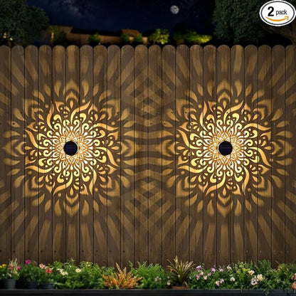2 Pack Large Solar Fence Lights Metal Solar Powered Outdoor Wall Deck Step Lights Mandala Theme Waterproof Fence Light for Garden Post Patio Backyard Yard Decor, Gardening Gifts for Women Mom Grandma