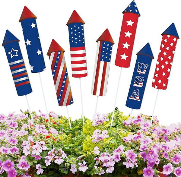 CroBlissful 8 Pcs 4th of July 250th Garden Stake Metal USA Flag Yard Sign Patriotic Decor for Independence Day Memorial Day Metal Plant Stick Outdoor Lawn Garden Home Yard Decorations(Rockets)