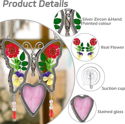 Love Heart-Shaped Glass Suncatcher with Pressed er Ornament, Wind Chimes with Real Flowers, Pendant Mom Grandma Lover Birthday Gift for Indoor or Outdoor Décor-Mom