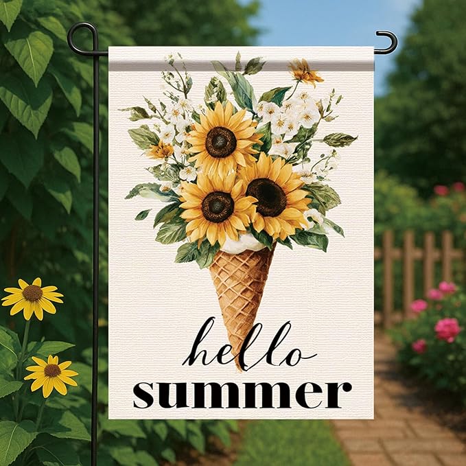 Hello Summer Garden Flag Sunflower Ice Cream Floral Outdoor Yard Porch Lawn Garden Decor for Rustic Farmhouse Cottage Patio Seasonal Summer Home Display