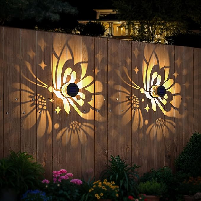 Hapjoy Solar Fence Lights 4 Pack Solar Deck Lamps Outdoor Decorations Powered Step Lights Wall Waterproof LED Warm Decorative Lighting for Garden (Butterfly-Flower, 4)