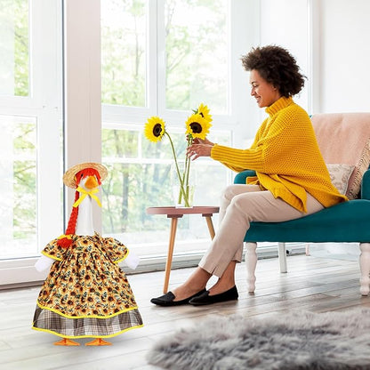 FuWeave Spring Goose Outfit Sunflower Lawn Porch Cement Goose Sunmer Clothes Skirts Hat Wig Forgarden Outdoor Patio Yard Statue Art Decor(Cherry,23 Inch)
