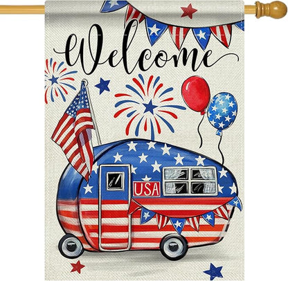 Welcome 4th of July Camping Patriotic Decorative House Flag, America Camper RV Stars Stripes Garden Yard Outside Decorations, American USA Campsite Outdoor Large Home Decor Double Sided 28 x 40