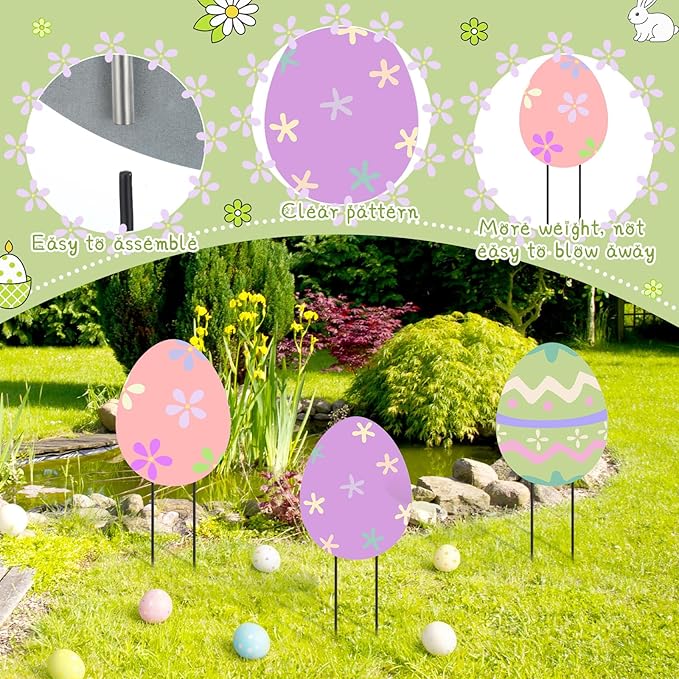 MorningRo 3 Pcs Large Easter Egg Yard Signs Metal Egg Garden Stakes Easter Lawn Decorations Outdoor Colorful Decorative Yard Decoration with Stake for Holiday Decor