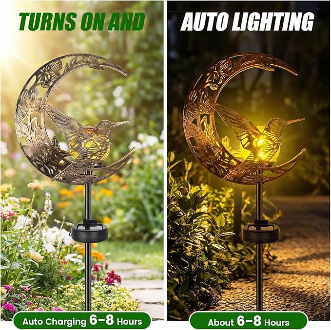 VIHOSE Solar Hummingbird Outdoor Lights Waterproof Moon Garden Stake Lights Warm White LED Decorative Pathway Lighting for Yard, Lawn, Gifts for Mom, Women & Gardening Lovers