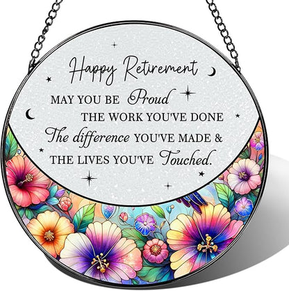 8” Stained Glass Suncatcher Ornament – Floral Retirement Window Hanging Decorations, Retirement Gifts & Retired Gifts for Women, Men, Friends, Coworkers, Teachers - Style C