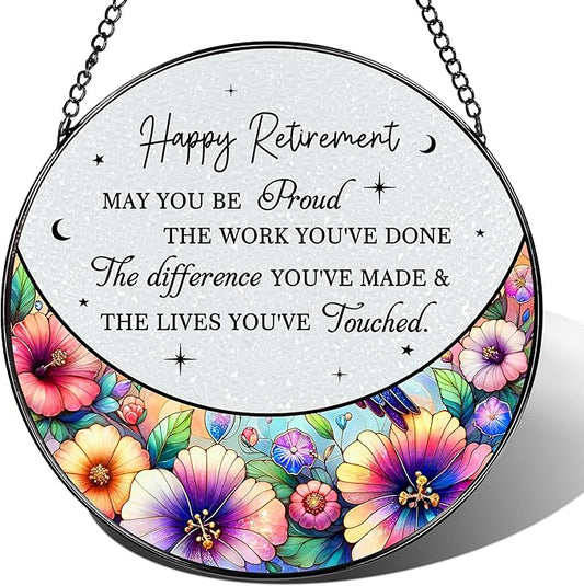 8” Stained Glass Suncatcher Ornament – Floral Retirement Window Hanging Decorations, Retirement Gifts & Retired Gifts for Women, Men, Friends, Coworkers, Teachers - Style C